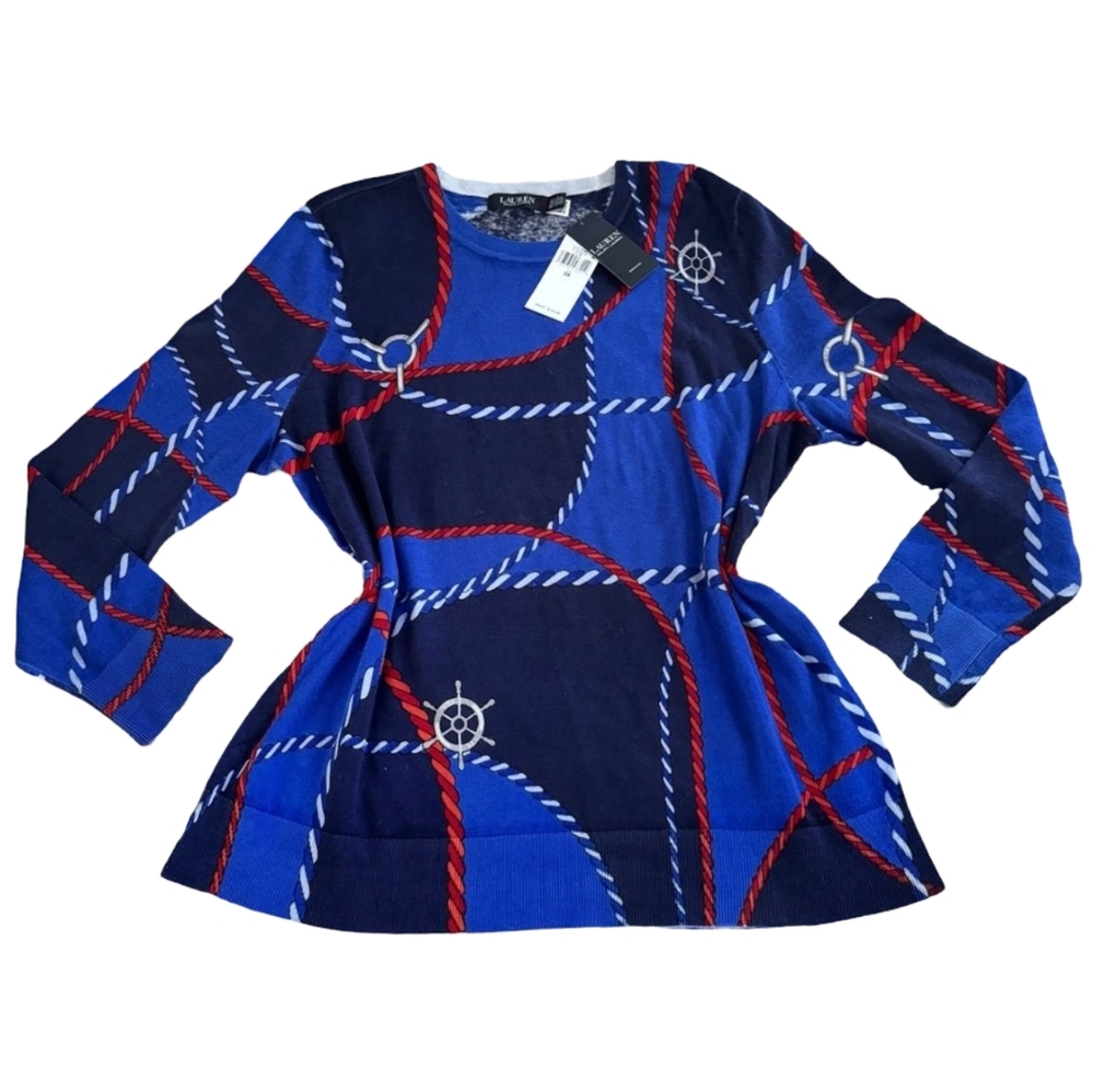 Lauren Ralph Lauren Nautical Rope Ship Wheel Crewneck Sweater Blue‎ Navy 2X New - Picture 6 of 12